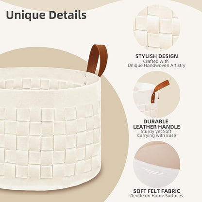 BOLDMONEKY Blankets Basket 20" x20 " x11.8 ", Large Round Laundry Hamper with Leather Handle, Soft Dog Toy Woven Basket for Storage-Beige