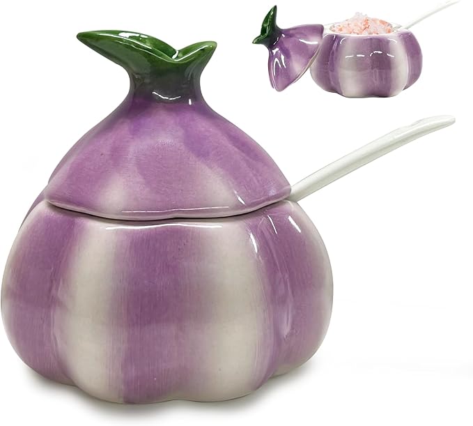 Ceramic Salt Container、Cute Onion Shaped Salt Cellar 、Salt Cellar with Lid and Spoon、Multi-Purpose Kitchen Spice Container for Salt Sugar or Spices Storage （Purple）