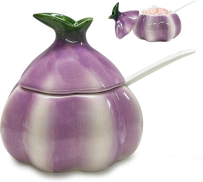 Ceramic Salt Container、Cute Onion Shaped Salt Cellar 、Salt Cellar with Lid and Spoon、Multi-Purpose Kitchen Spice Container for Salt Sugar or Spices Storage （Purple）
