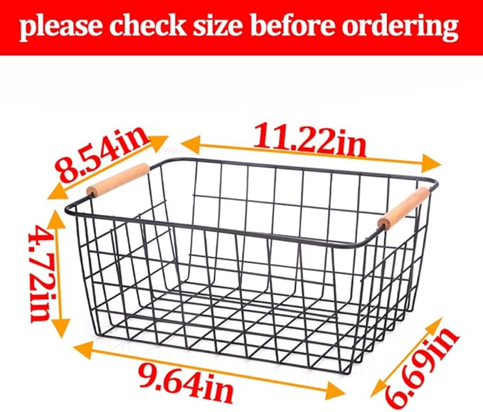 Metal Black Wire Basket,Food Storage Organizer with Wooden Handles, pantry organizers and storage for Kitchen shelf Cabinets potato onion, 2 Packs