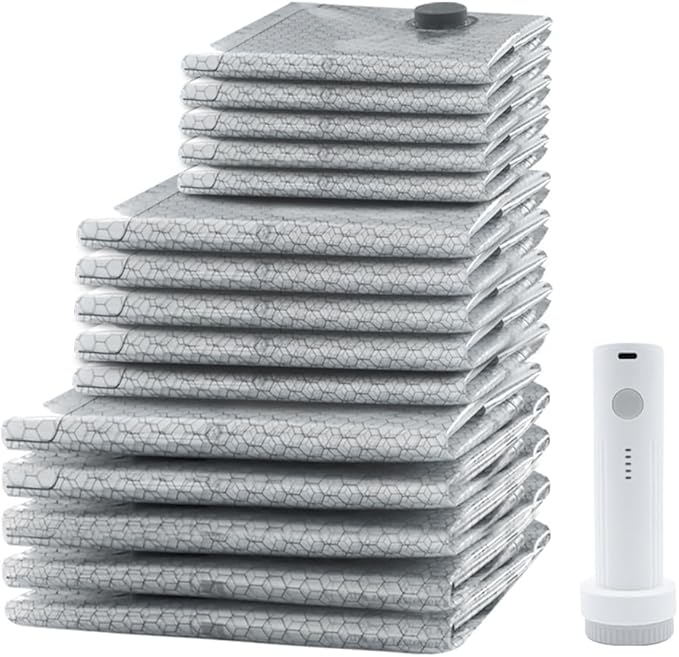 Travel Vacuum Bags with Pump: Vacuum Seal Bags for Clothing with Rechargeable 6000Pa Pump - Space-Saving, Premium Heavy Duty Storage Bags for Clothes, Bedding, Seasonal Items (5 sets, S+M+L)