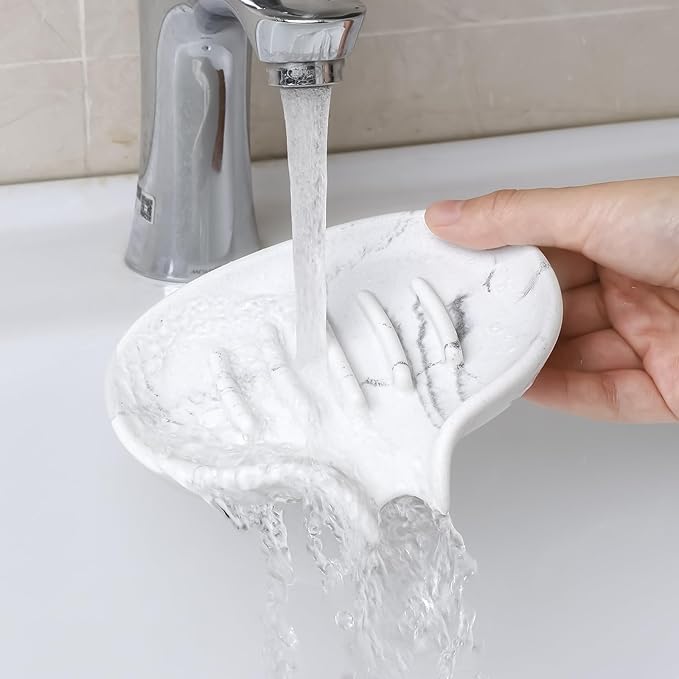 Self Draining Soap Dish for Shower and Bathroom Sink - Large Marble Resin Soap Holder with Drain, Non Slip Soap Tray for Bar Soap, Kitchen & Bathroom Counter