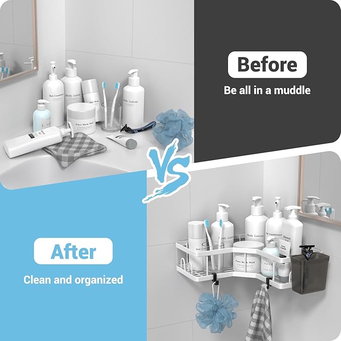 AKTECKE Shower Caddy Corner Organizer Shelf: 2Pack Adhesive Shower Essentials Accessories - No-Drilling Stainless Steel Bathroom Storage Rack with Hooks and Toothpaste Holder
