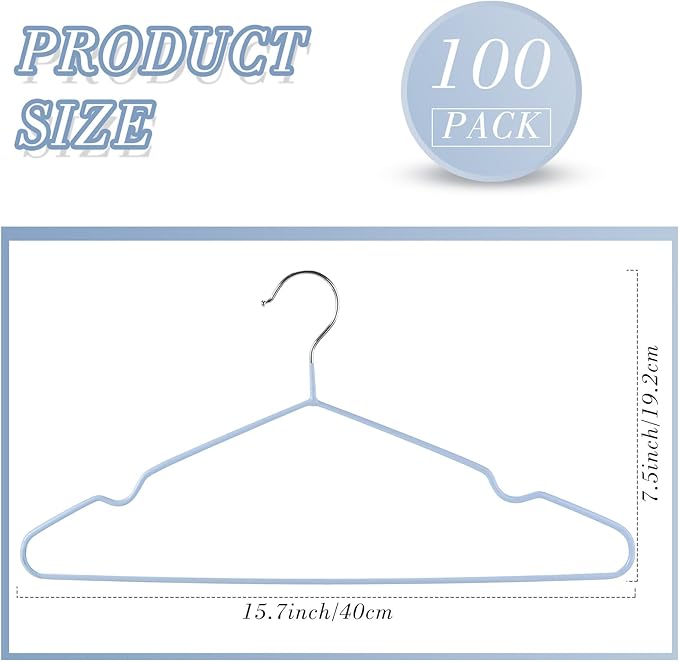 Wesiti 100 Pcs Metal Wire Non Slip Hangers for Clothes Space Saving Hanger Strong 15.7 in Triangle Clothes Coat Suit Bridal Boutique Dress for Closet Dorm Rack (Light Blue)