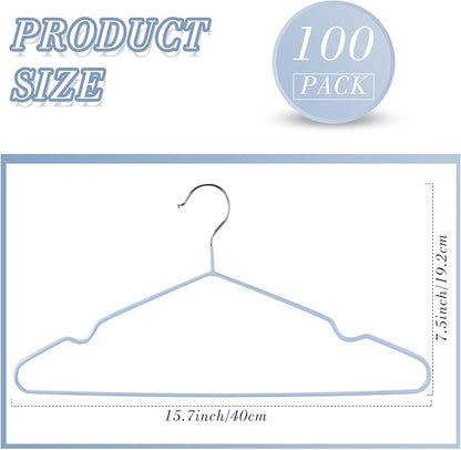 Wesiti 100 Pcs Metal Wire Non Slip Hangers for Clothes Space Saving Hanger Strong 15.7 in Triangle Clothes Coat Suit Bridal Boutique Dress for Closet Dorm Rack (Light Blue)