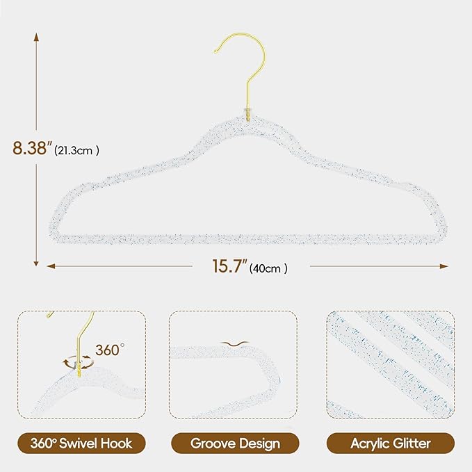 50 Pack Clear Plastic Hangers with Blue Glitter, Acrylic, Ultra Slim, Space Saving, for Coats, Pants, Suits, Shirts, Skirts, Dress Clothes