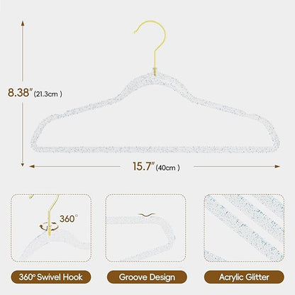 50 Pack Clear Plastic Hangers with Blue Glitter, Acrylic, Ultra Slim, Space Saving, for Coats, Pants, Suits, Shirts, Skirts, Dress Clothes