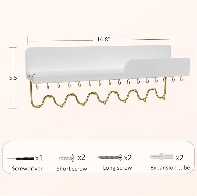 29 Hooks Wall Mount Necklace Holder Organizer, White Decorative Wood Jewelry Shelf with Gold Metal Wave Bar and Guardrail for Necklace, Pendant, Chain, Bracelet, White
