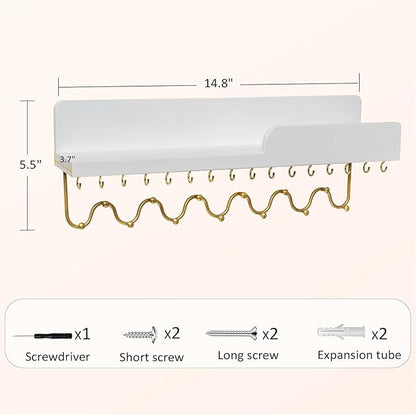 29 Hooks Wall Mount Necklace Holder Organizer, White Decorative Wood Jewelry Shelf with Gold Metal Wave Bar and Guardrail for Necklace, Pendant, Chain, Bracelet, White