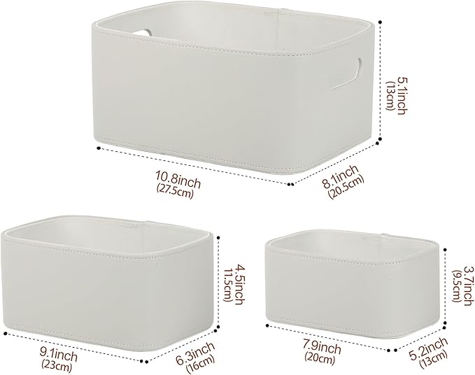 HofferRuffer Faux Leather Storage Baskets Bins with Velvet Lining for Organizing, Storage, Gifts, Set of 3 Nesting Shelf Baskets Decorative Storage Boxes for Home Organization (Grey)