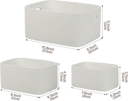 HofferRuffer Faux Leather Storage Baskets Bins with Velvet Lining for Organizing, Storage, Gifts, Set of 3 Nesting Shelf Baskets Decorative Storage Boxes for Home Organization (Grey)