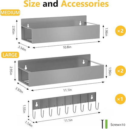 SMRCAD Magnetic Spice Rack Organizer for Fridge Seasoning Organizer for Kitchen storage with Screw Magnetic Shelf with Hook for Refrigerator and Oven (4pack1hook-Grey)