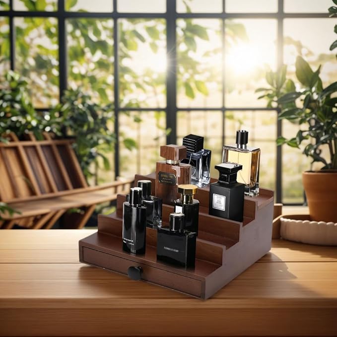 Walnut Cologne Organizer for Men - 4 Tier Wooden Cologne Perfume Display Stand with Drawer and Hidden Compartment, Mens Cologne Holder Shelf for Organizing and Storing