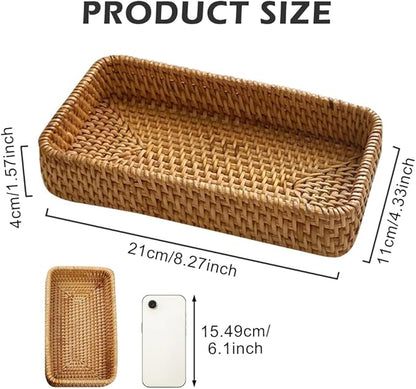 8in Rattan Bathroom Vanity Tray, Toilet Tank Basket, Bathroom Decor Box, Small Narrow Guest Towel Holder for Vanity, Countertop, Bathroom, Kitchen and Cabinet Storage(Color:Wood)