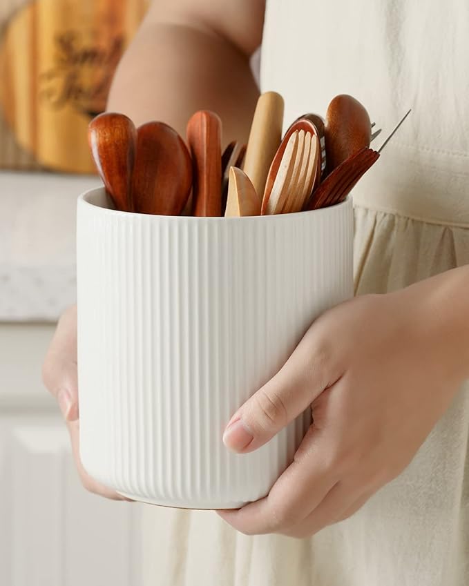 getstar Large Utensil Holder for Kitchen Counter, 5.6" Vintage Ceramic Utensils Crocks Utensil Organizer for Spatula Farmhouse Kitchen Decor