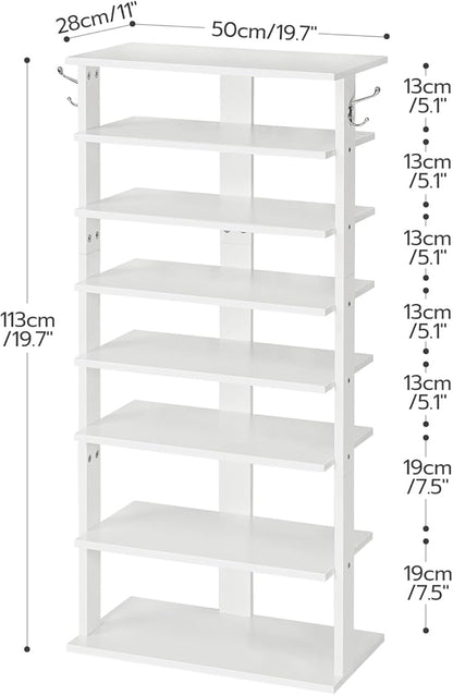 HOOBRO Vertical Shoe Rack, 8 Tier Wooden Shoe Storage Organizer with Hooks, Narrow Shoe Tower for 16 Pairs, Space Saving, for Entryway, Living Room, Bedroom, White WT750XJ01