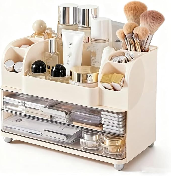 Drawer Cosmetic Organizer, Beauty Tool Display Box, Desktop Skin Care Organizer (cream color)