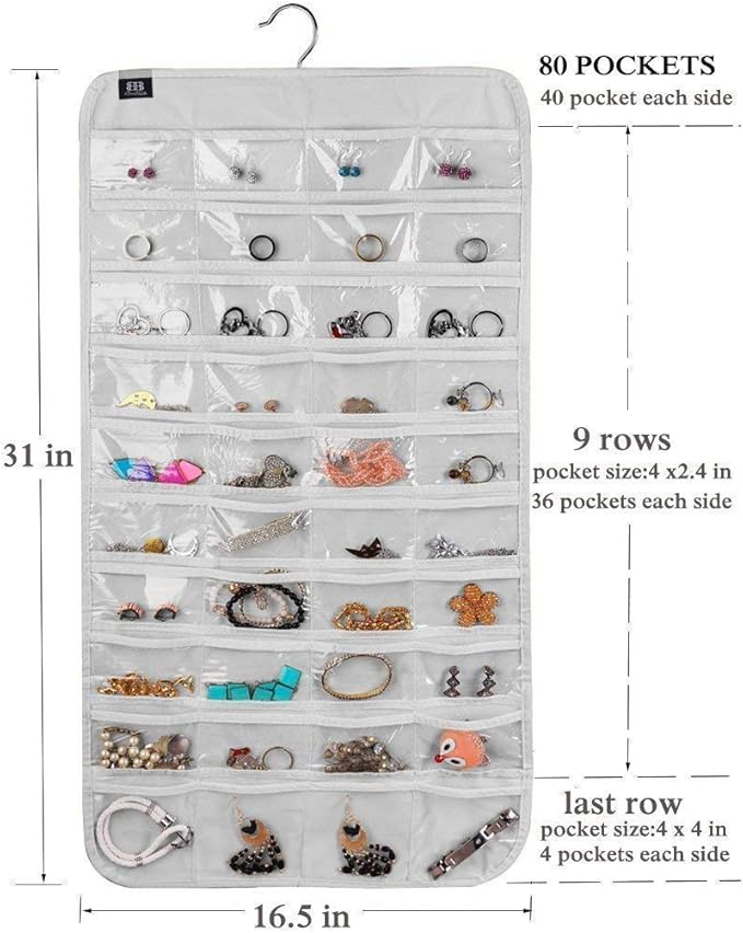 BB Brotrade Hanging Jewelry Organizer,Double Sided Jewelry Storage Organizer with Embossed Pattern,80 Clear PVC Pockets Organizer for Holding Jewelries (White)
