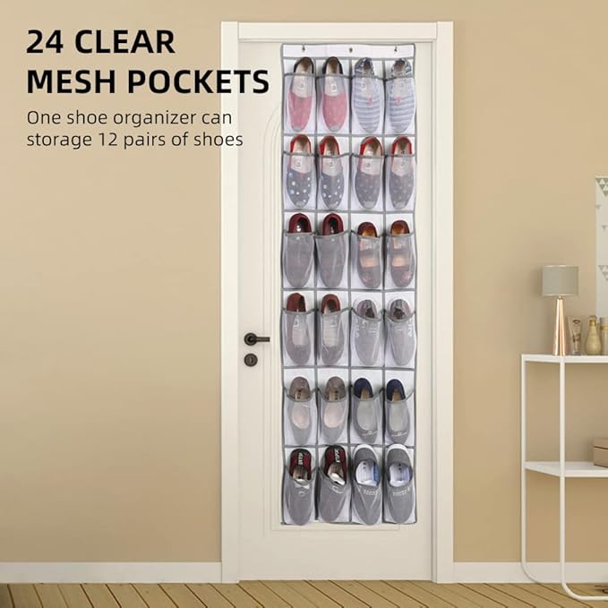 HURRISE 2Pcs 24 Large Pockets Over The Door Shoe Organizer, Hanging Shoe Organizer Holds Up to 40 lbs with 24 Mesh Large Pockets Door Shoe Rack Organizer for Door Mesh Closet Shoe Holder Hanger