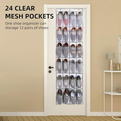 HURRISE 2Pcs 24 Large Pockets Over The Door Shoe Organizer, Hanging Shoe Organizer Holds Up to 40 lbs with 24 Mesh Large Pockets Door Shoe Rack Organizer for Door Mesh Closet Shoe Holder Hanger