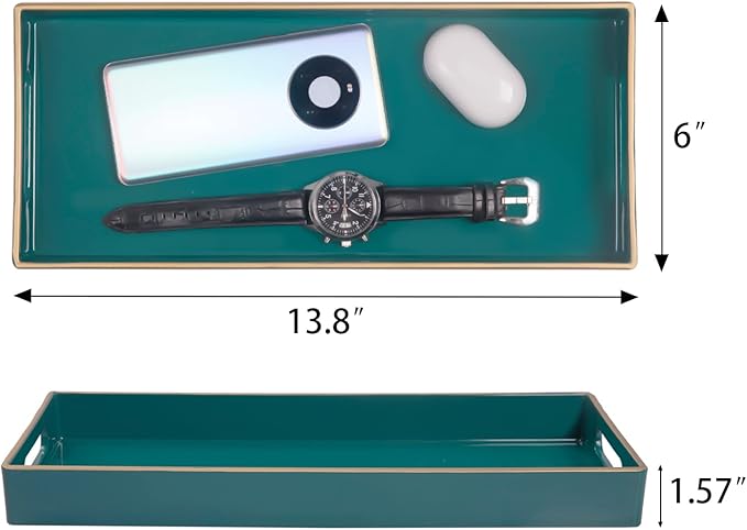 MAONAME Green Vanity Tray Set of 2, Plastic Decorative Tray with Handles, Long Narrow Trays, Small Bathroom Trays for Toilet Tank, 13.8" X 6" X 1.57"