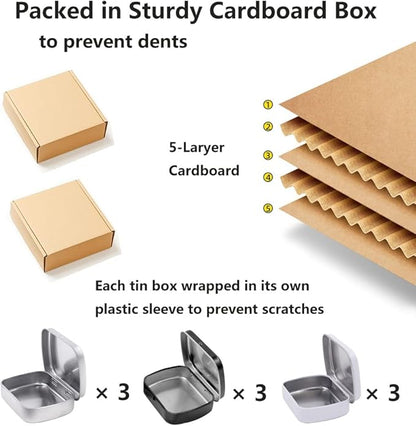Gere 9 Pack Metal Rectangular Hinged Tin Boxes with Lid,2.4x1.8x0.6 Inch, Containers Portable Box for Small Storage Kit Home Organizer,Black,White,Silver Model 604715