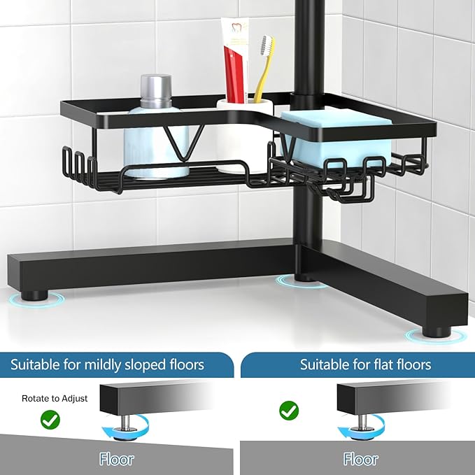 KEGII Floor Shower Caddy Standing – 4-Tier Corner Shower Organizer with Hooks & Soap Holder, Free-Standing Bathroom Storage Rack for Shampoo & Toiletries, Black
