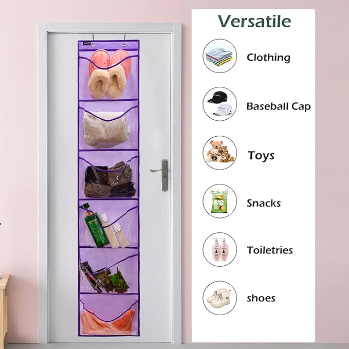 Extra Large Pockets Shoe Organizer for Closet Over The Narrow Door Hanging Shoe Holder Storage (6 Large Pockets-Purple)