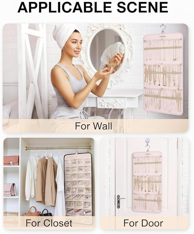 Hanging Jewelry Organizer, Dual-Sided Necklace Holder with Multiple Clear Pockets - Wall Mount & Over The Door Closet Storage for Earrings, Rings, Bracelets - 360° Rotating Hanger (1, pink, XL)
