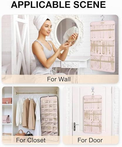 Hanging Jewelry Organizer, Dual-Sided Necklace Holder with Multiple Clear Pockets - Wall Mount & Over The Door Closet Storage for Earrings, Rings, Bracelets - 360° Rotating Hanger (1, pink, XL)