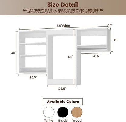 ROOMTEC Modular Closet System, 84" Closet Organizer with Hanging Rods, Wall-Mounted Wooden Tower for Walk-In Closets, Wardrobe Storage Kit, White