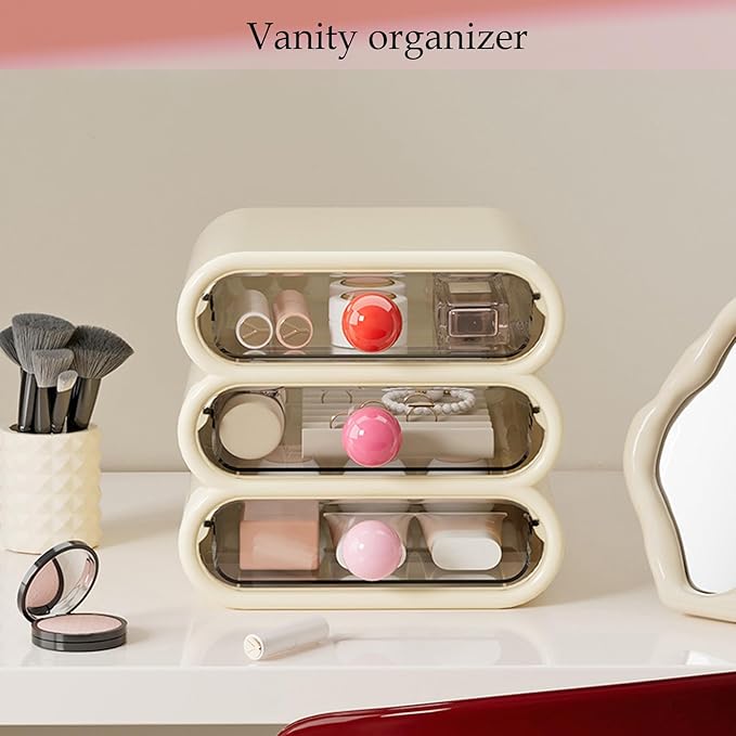 3-Tier Drawer Makeup Organizer for Vanity Small Desk - Non-Stackable Clear Front Cosmetic Storage Holder for Bathroom Counter & Office Desktop -7.9x7.5x7.3in (Cream White)