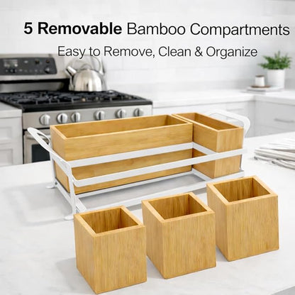 Bamboo Utensil Caddy with Handle - 5 Compartment Silverware Holder for Party & Kitchen Countertop - Removable Wooden Flatware Organizer for Picnic, BBQ, Buffet, RV & Outdoor Dining