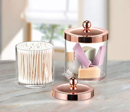 SheeChung 2-Pack Plastic Apothecary Jars with Rose Gold Metal Lids - 25oz & 15oz Clear Acrylic Qtip Holder Set - Shatterproof Bathroom Vanity Organizer for Cotton Balls, Swabs, Pads - Luxury Decor