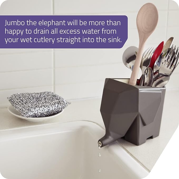 PELEG DESIGN Elephant Cutlery Drainer – Funny Self Draining Utensil Drying Rack for Kitchen Sink | Cute Silverware Drainer Basket (Grey)