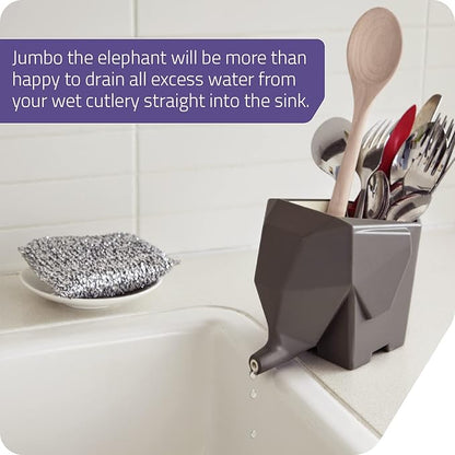 PELEG DESIGN Elephant Cutlery Drainer – Funny Self Draining Utensil Drying Rack for Kitchen Sink | Cute Silverware Drainer Basket (Grey)