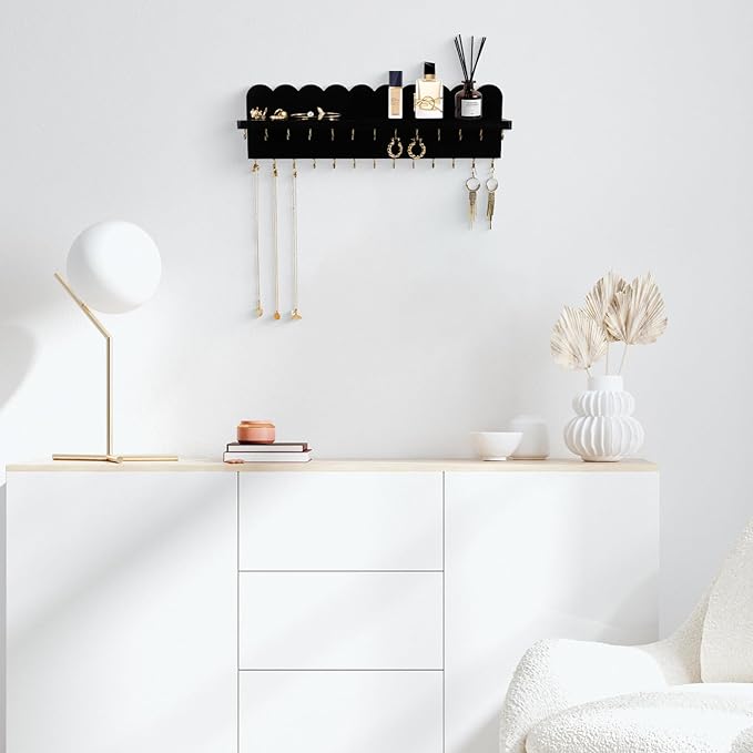 Wall Mount Jewelry Organizer with 26 Hooks and Cosmetics Shelf, Modern Wood Hanging Jewelry Holder for Necklaces, Bracelets, Earrings and Rings, Black