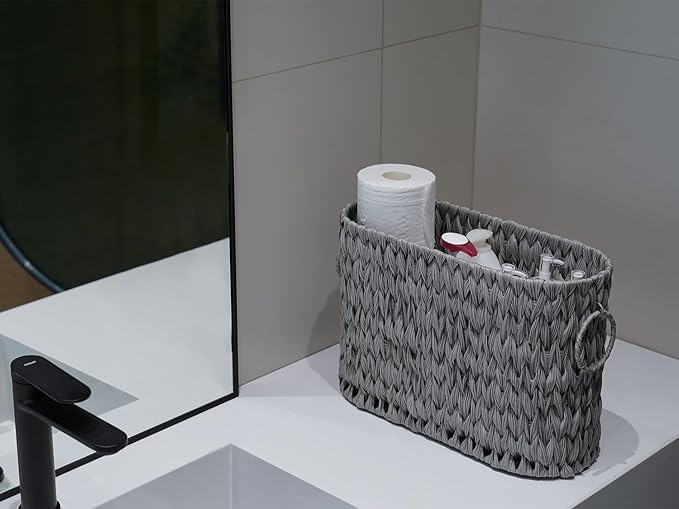 Coeusy Toilet Paper Storage,Narrow Toilet Paper Basket for Bathroom,Large Toilet Paper Organizer for 6 Mega Rolls,Waterproof Wicker Bathroom Storage Basket,Free Standing,Grey