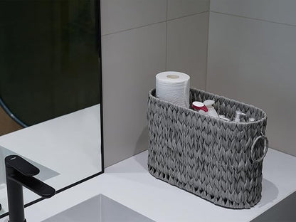 Coeusy Toilet Paper Storage,Narrow Toilet Paper Basket for Bathroom,Large Toilet Paper Organizer for 6 Mega Rolls,Waterproof Wicker Bathroom Storage Basket,Free Standing,Grey