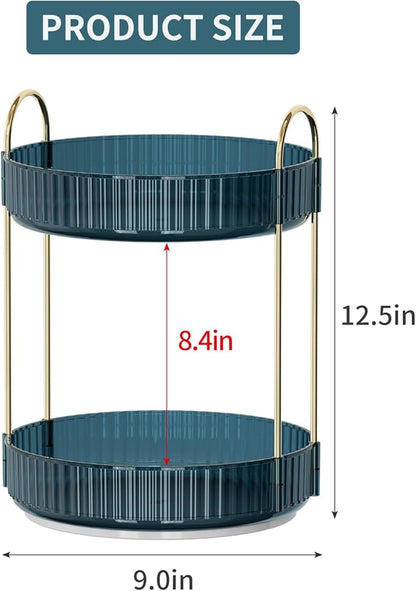 360 Rotating Makeup Organizer for Vanity, Bathroom Countertop Organizer Spinning Perfume Organizer, High-Capacity Cosmetic and Skincare Dresser Make Up Holder Rack (2 Tiers, Blue)