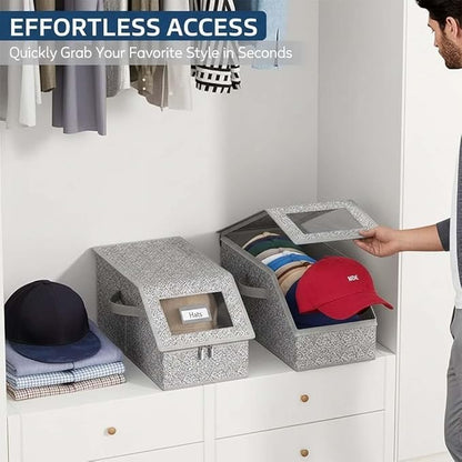 Hat Organizer for Baseball Caps, Stackable Hat Storage Box with Clear Window Lid, Baseball Cap Organizer for Closet, Breathable Cap Holder Container for Snapback, Trucker & Fitted Hats (2PCS)