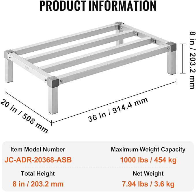 VEVOR Aluminum Dunnage Rack, 36” x 20” Commercial Food Floor Rack, 8” Off The Floor, 1000 lbs Capacity All-Welded Aluminum Storage, for Storage in Restaurants, Kitchens, Garages and Vehicles