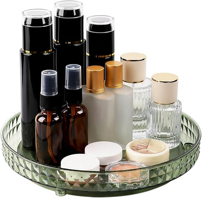 360 Clear Rotating Makeup Organize for Vanity,1 Tier Lazy Susan with Diamond Pattern, Large-Capacity Skincare Organizers Cosmetic Display Case Organizer for Dresser (Vintage Green, 1Tier)