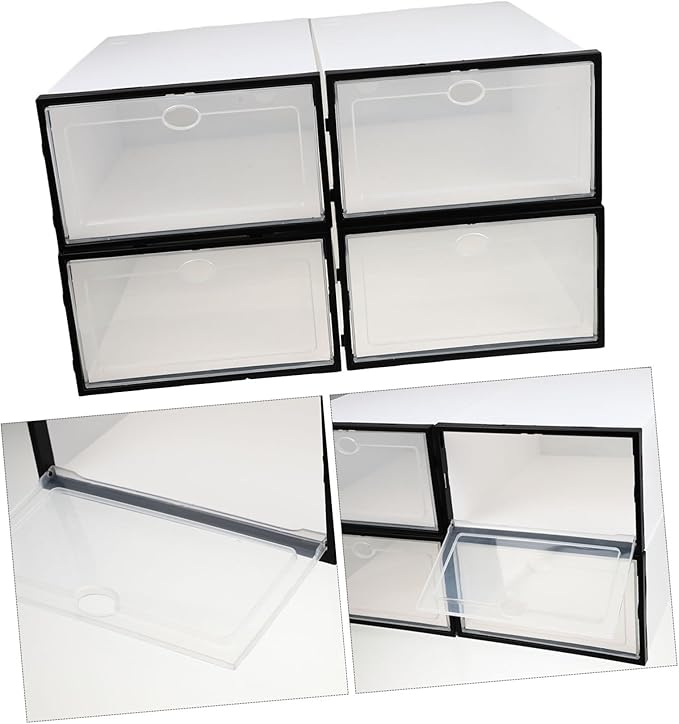 Lurrose 4pcs Thickened Plastic Shoe Boxes for Home Use Stackable Shoe Storage Containers with Capacity and Dustproof Design Black Frame White Female Style Organizer
