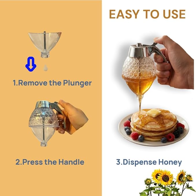 Honey Dispenser No Drip Honeycomb Design– 6 Oz with Airtight Seal, Food-Grade ABS Plastic Honey Pot with Stand, Lightweight Honey Container for Home & Gifting