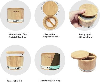 ThougrLyh Salt Box Bamboo Salt Container with Swivel Lid with Magnetic to Easily Open and Seal Salt Cellar With Spoon for Storing Salt Pepper Sugar Herbs Small Spice Box