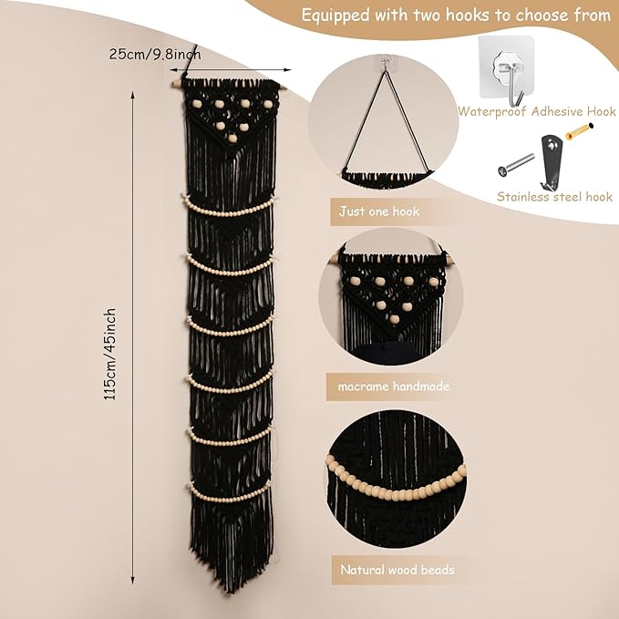 Ball Cap Hanger-1 Pack-Boho Macrame Cap Holder Wall Hat Organizer for Baseball Cap Holder Over Door, Hat Rack for Wall, Cap Rack for Decoration and Display（Black