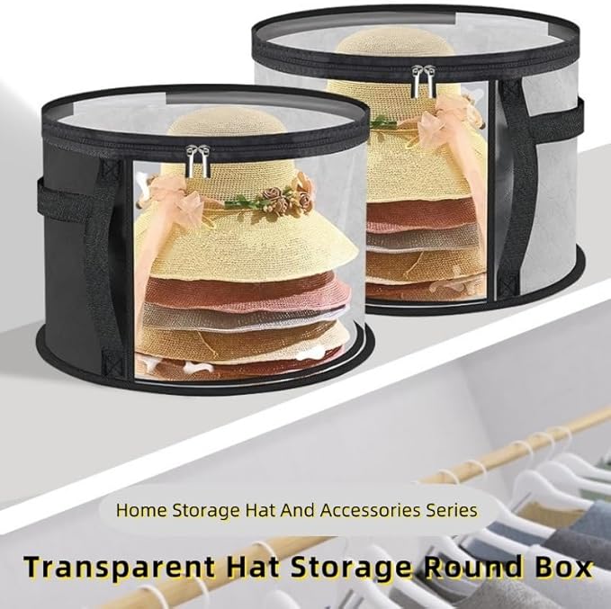 Hat Storage Box Organizer with Clear Window, Round, Set of 2, Black