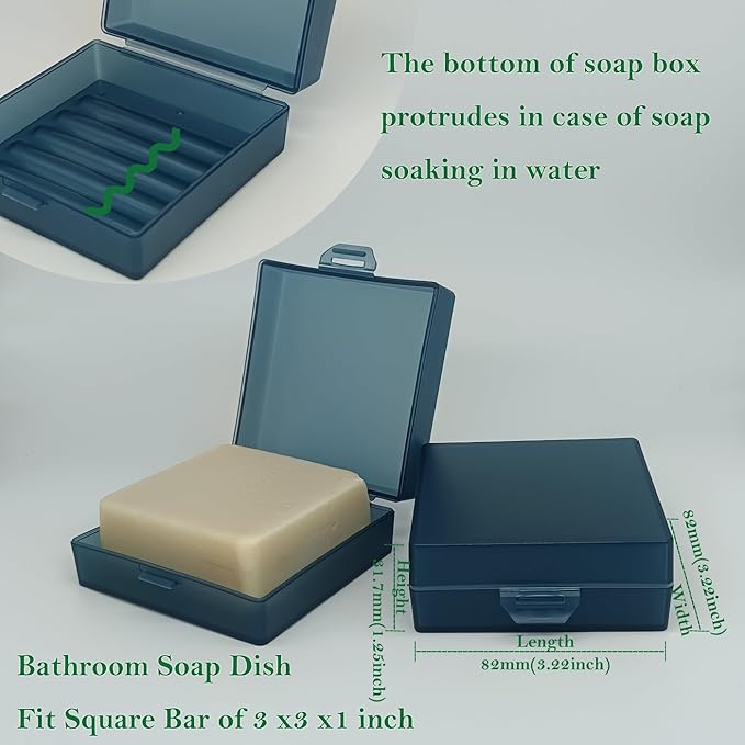 Soap Holder 2 Pack, Shower Bar Case Fit Dr Squatch, Waterproof Travel Container with Lid, Square Bathroom Soap Dish Box for Camping, Gym and Outdoor Traveling (Blue/Clear)