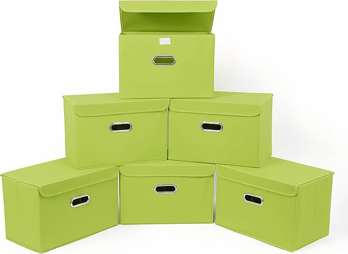 STOREONE Fabric Storage Cube Bins Foldable Organizer Container Collapsible Basket with Lids and Metal Handles, for Home, Bedroom, Closet 6 Pcs (multicolour-green)